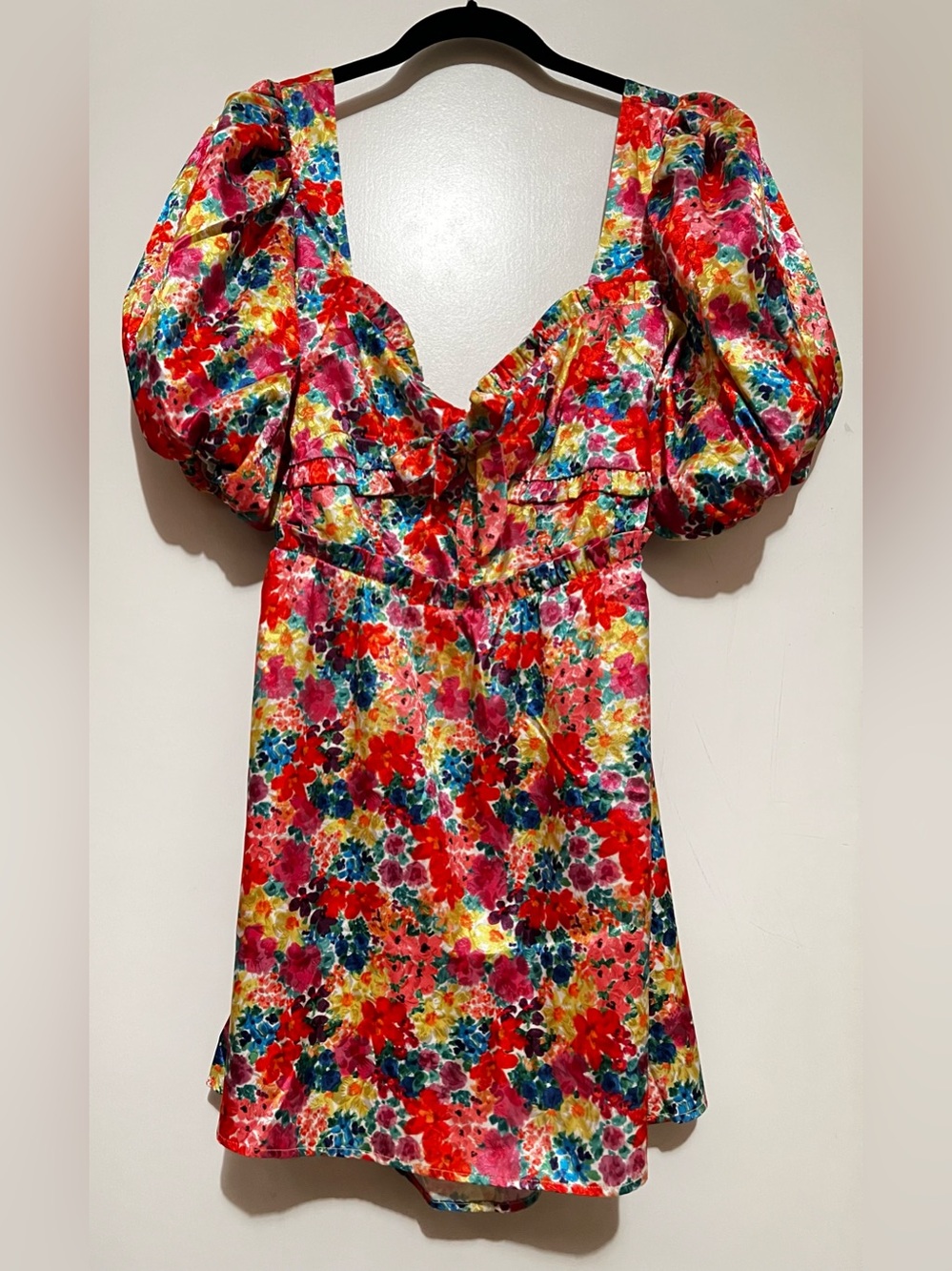 For Love & Lemons Merrill Multicolor Floral Puff Sleeve Tie-Back Mini Dress